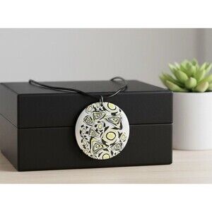 Yellow Black White Graphic Print Handmade Polymer Clay LG Pendant Necklace Cord